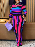 Women's Striped Crop Top and Pants Two-Piece Set 91302