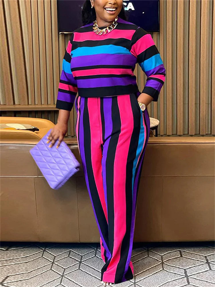 Women's Striped Crop Top and Pants Two-Piece Set 91302