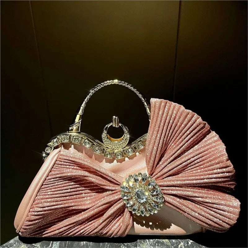 Women's Luxury Diamond Pleated Big Bow Evening Shoulder Bag