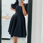 Women's High Waist Pleated O-Neck Midi Dress
