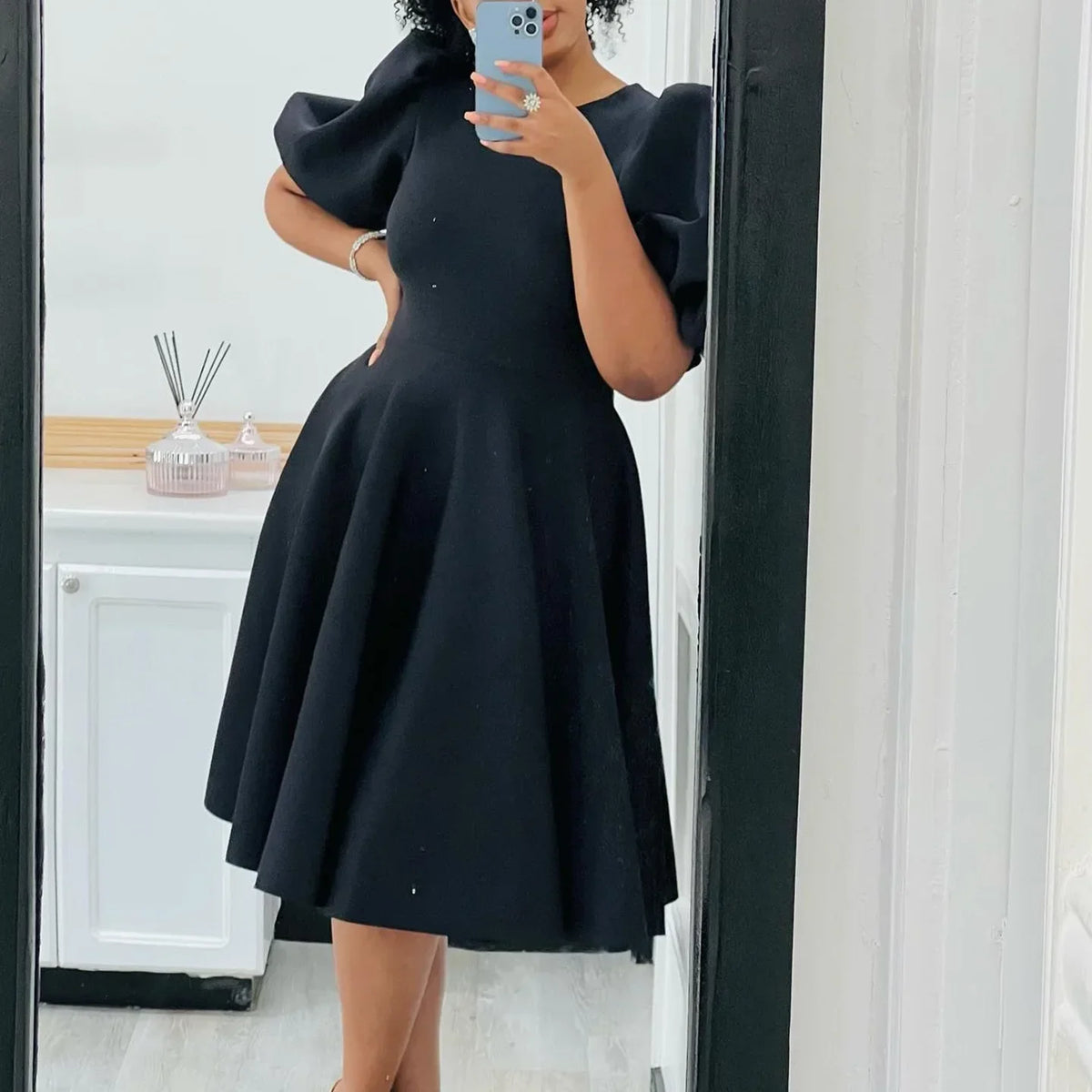 Women's High Waist Pleated O-Neck Midi Dress