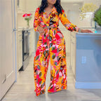 Women's Printed Long Sleeve Lace-Up Top and Straight Pants Two-Piece Set