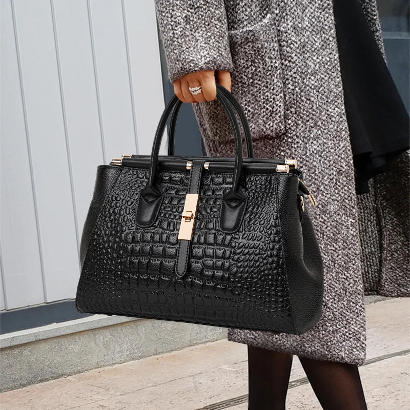 Women's Crocodile Pattern Cowhide Leather Handbag Tote Bag Q1479