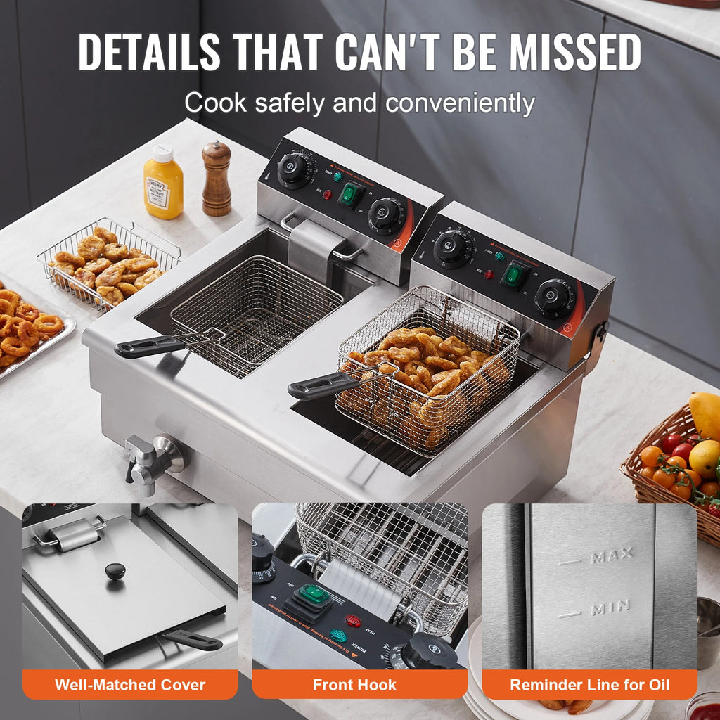 Commercial Electric Dual Tank Countertop Deep Fryer with Drain Valves