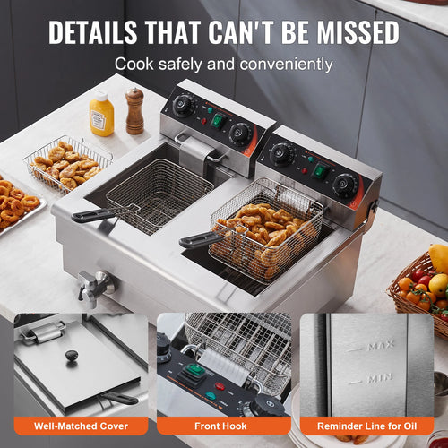 Commercial Electric Dual Tank Countertop Deep Fryer with Drain Valves