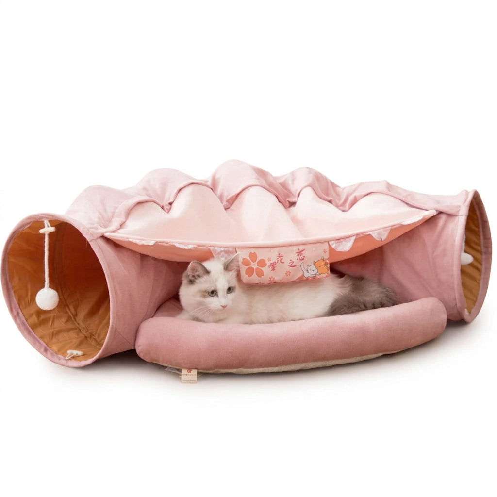 Collapsible 2-Way Cat Tunnel Bed with Mat