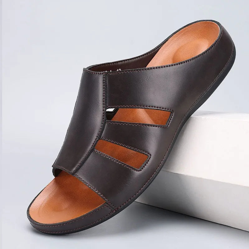 Men's Handmade Leather Peep Toe Summer Slippers