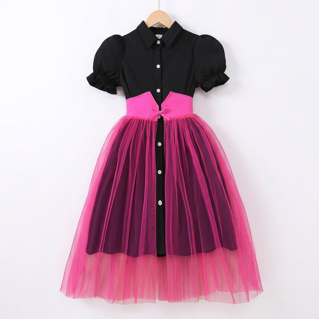 Girls' Patchwork Puff Sleeve Princess Dress with Mesh Skirt