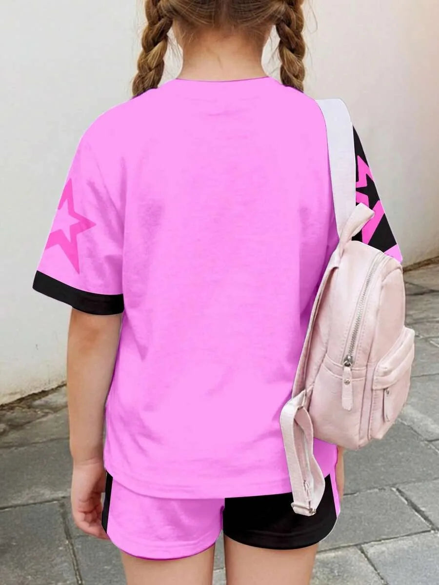 Girls' Color-Block Cartoon Top and Shorts 2-Piece Set