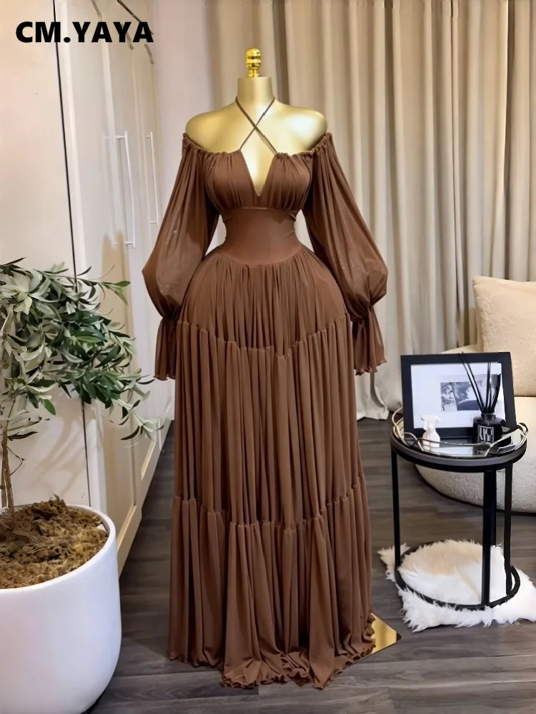 Women's Strapless Long Sleeve Belted Maxi Dress