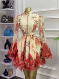 Women's Vintage Floral Lantern-Sleeve A-Line Short Dress