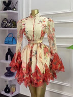 Women's Vintage Floral Lantern-Sleeve A-Line Short Dress