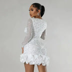 Women's Elegant Beaded Long Sleeve Ruffle Party Dress