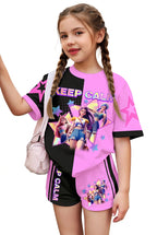 Girls' Color-Block Cartoon Top and Shorts 2-Piece Set