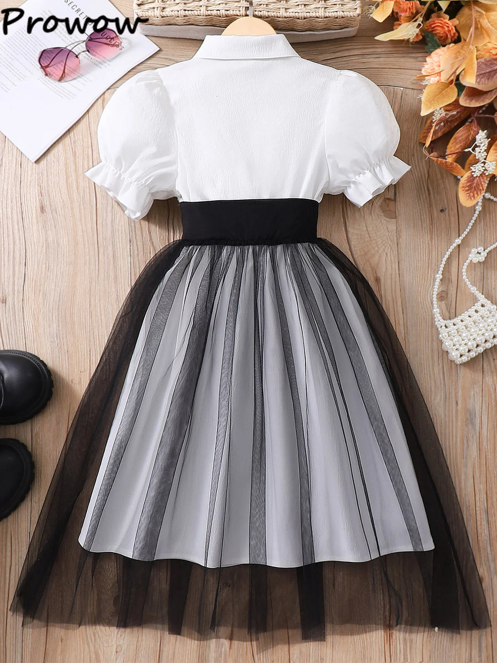 Girls' Patchwork Puff Sleeve Princess Dress with Mesh Skirt