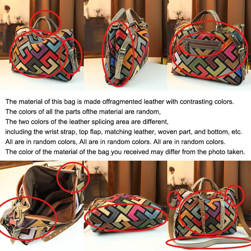 Women's Retro Geometric Color Block Genuine Leather Crossbody Tote Bag