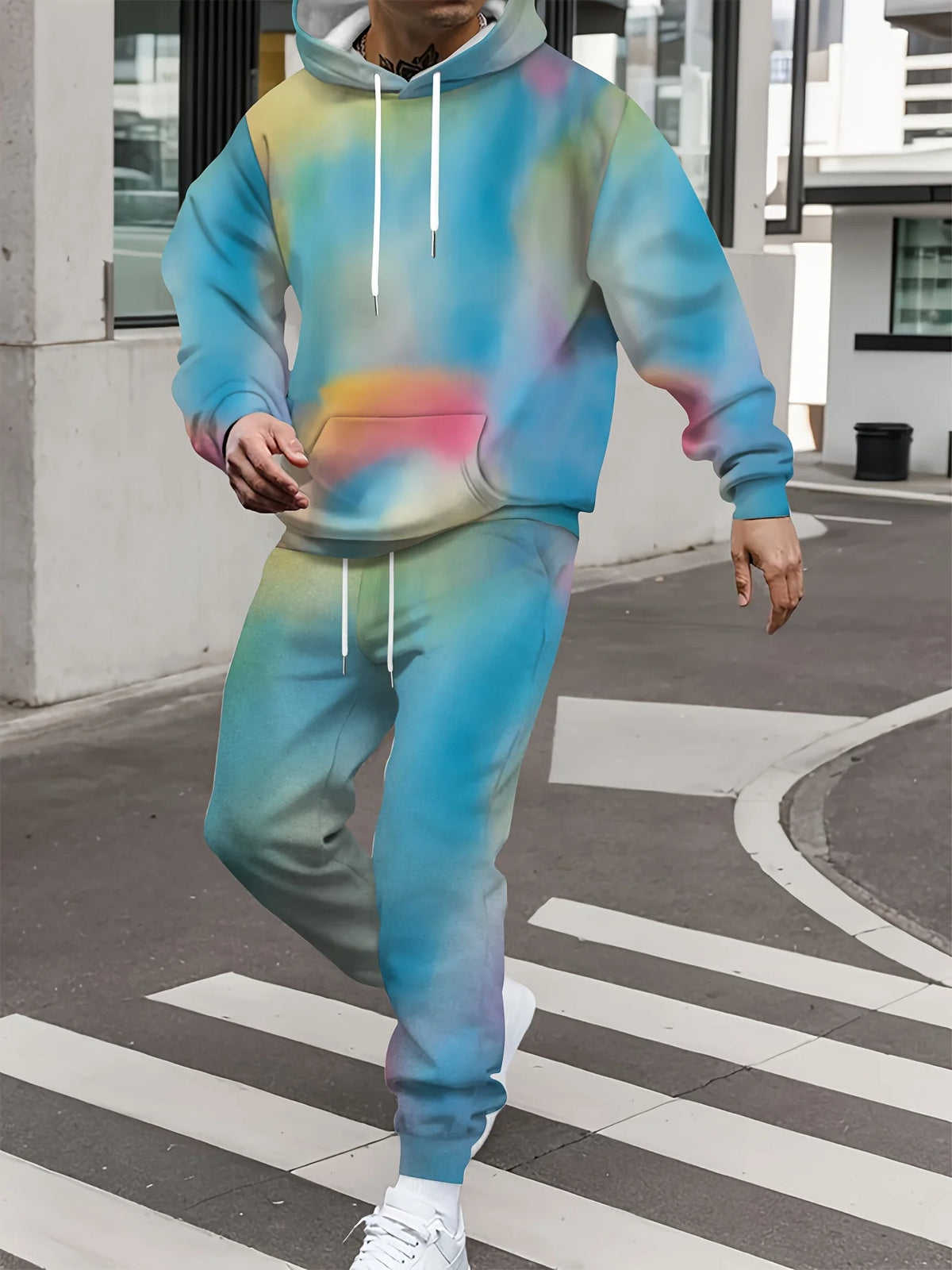 Men's Gradient 3D Pattern Print Hoodie and Pants Two-Piece Set