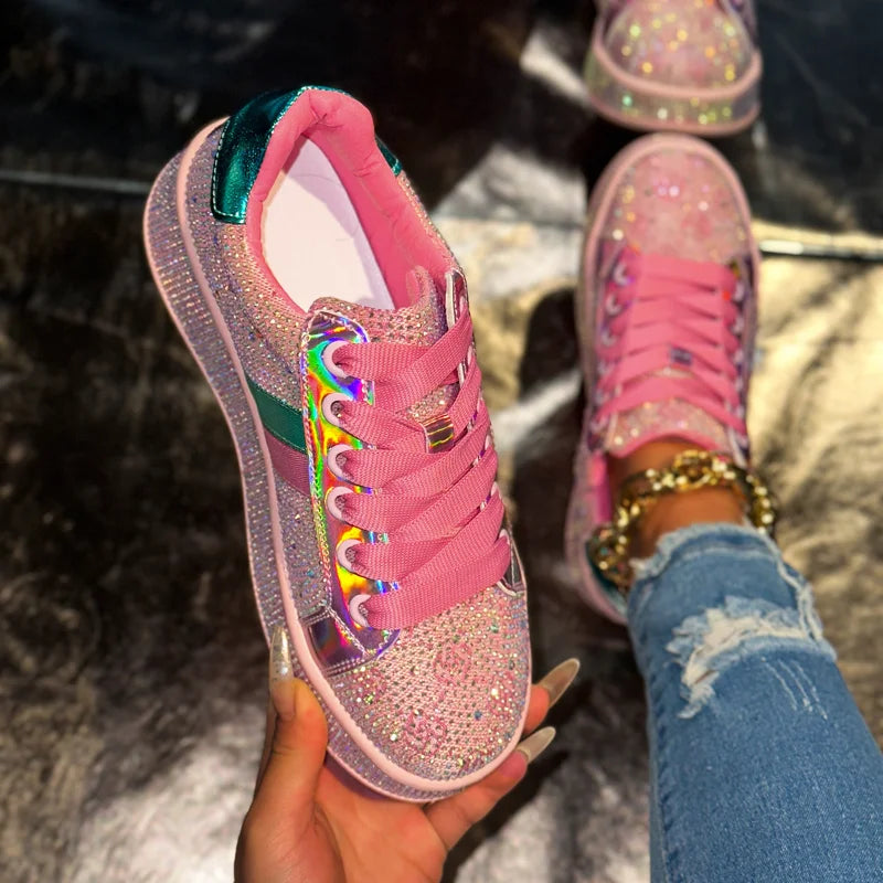 Women's Crystal Rhinestone Platform Lace Up Casual Sneakers