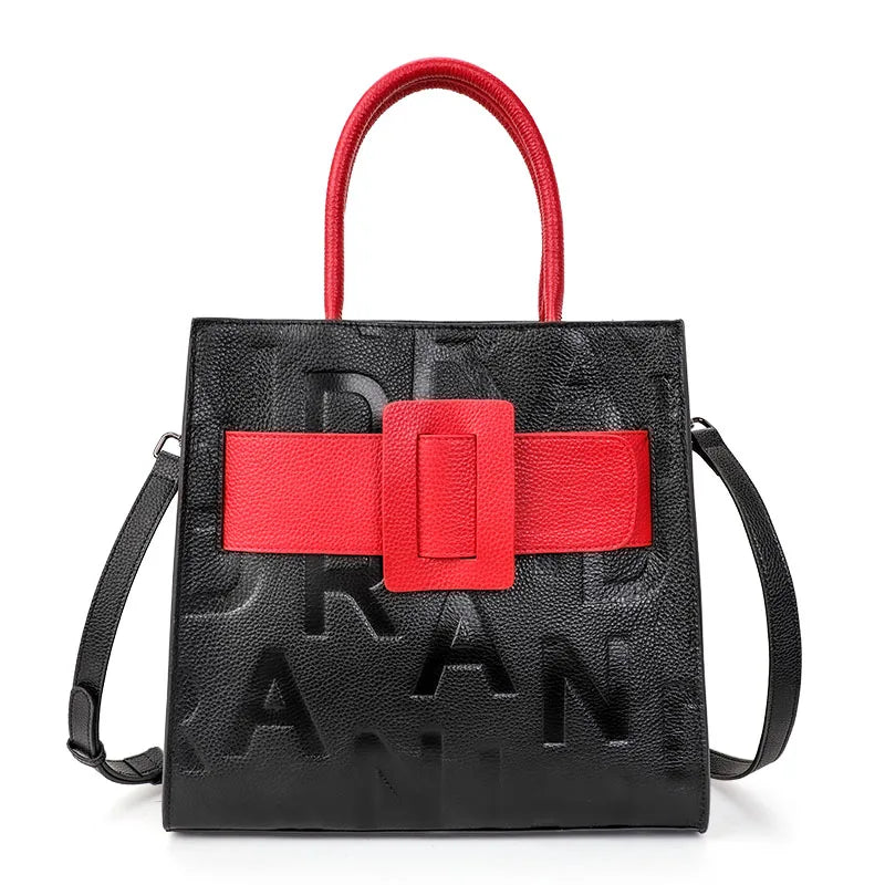 Women's Letter Print Cowhide Leather Large Capacity Handbag