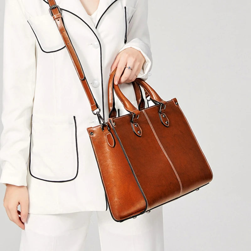 Women's Genuine Cowhide Leather Shoulder Tote Bag