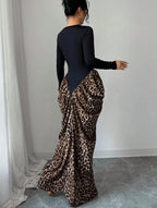 Women's Elegant Leopard Print Long Sleeve Maxi Dress