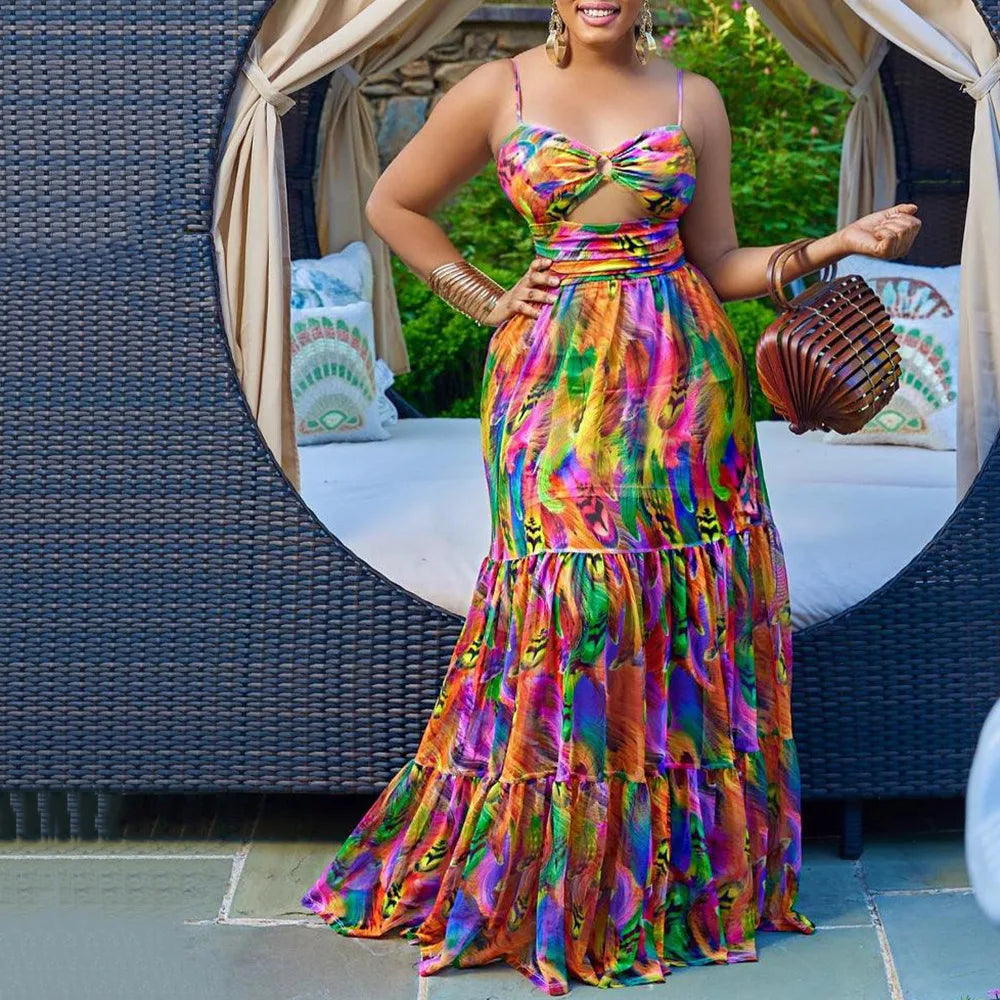 Women's Spaghetti Strap Dashiki Maxi Dress