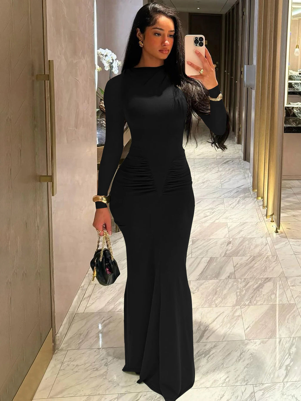 Women's Elegant Draped Long Sleeve Bodycon Maxi Dress