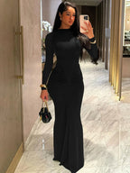 Women's Elegant Draped Long Sleeve Bodycon Maxi Dress