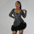 Women's Elegant Beaded Long Sleeve Ruffle Party Dress