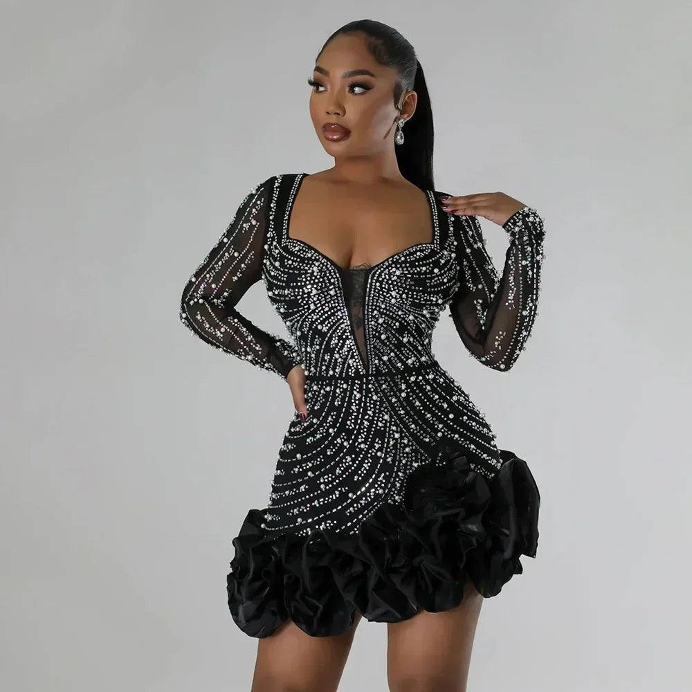 Women's Elegant Beaded Long Sleeve Ruffle Party Dress