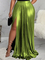 Women's High Waist Slit Pleated Maxi Skirt