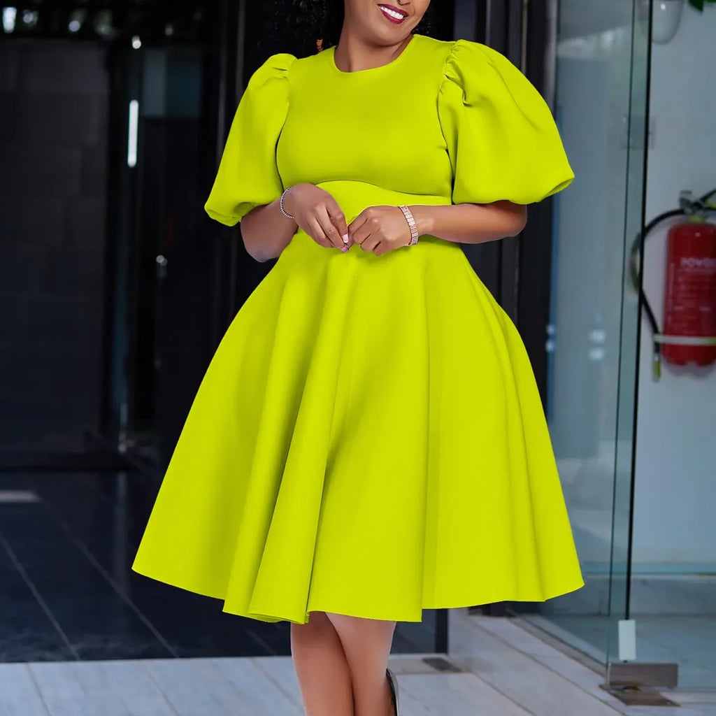 Women's High Waist Pleated O-Neck Midi Dress
