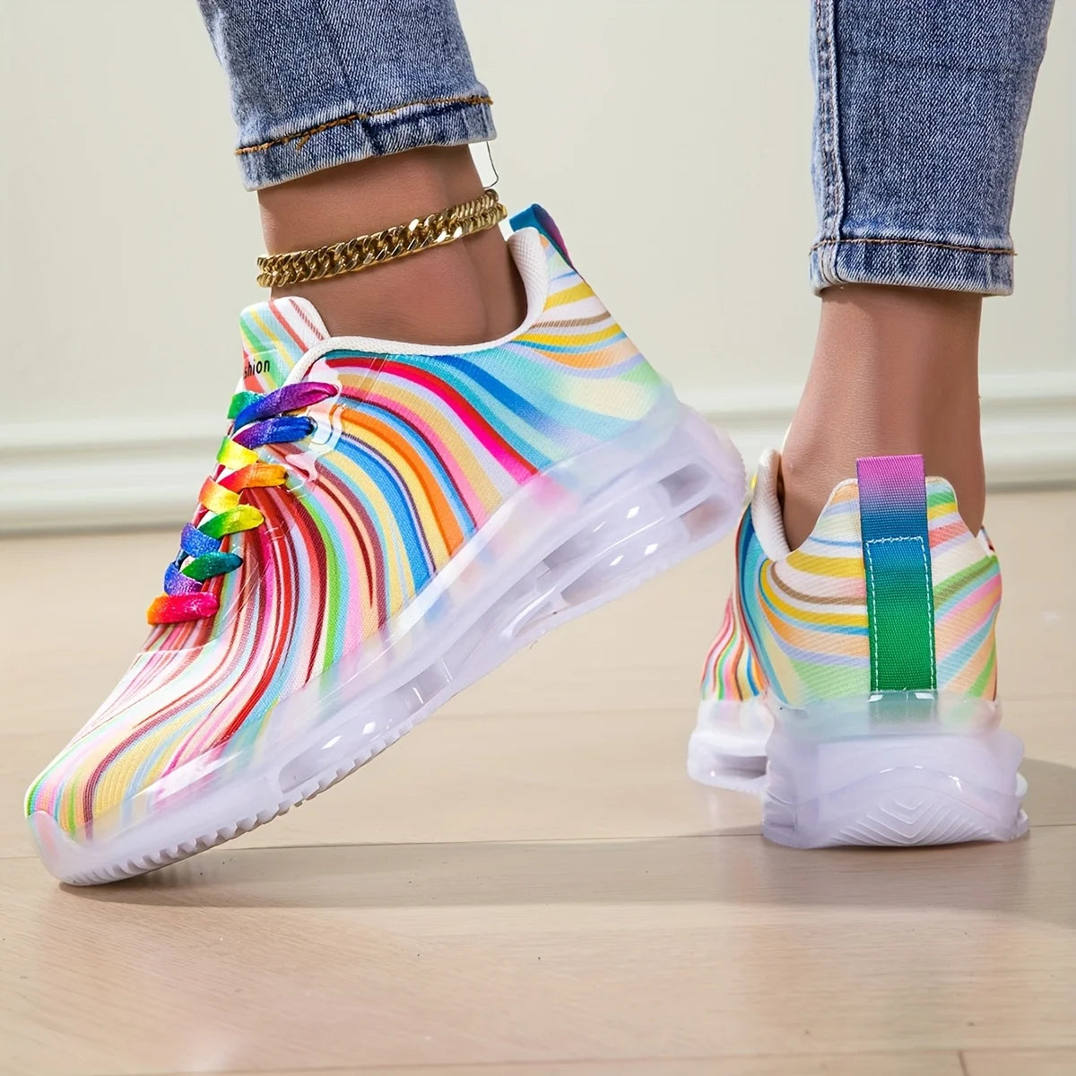Women's Rainbow Stripe Mesh Lace-Up Casual Sneakers