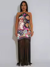 Women's Printed Halter Neck Backless Fringed Dress