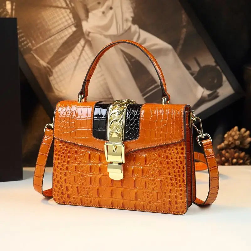 Women's Crocodile Pattern Genuine Leather Handbag Shoulder Tote Bag