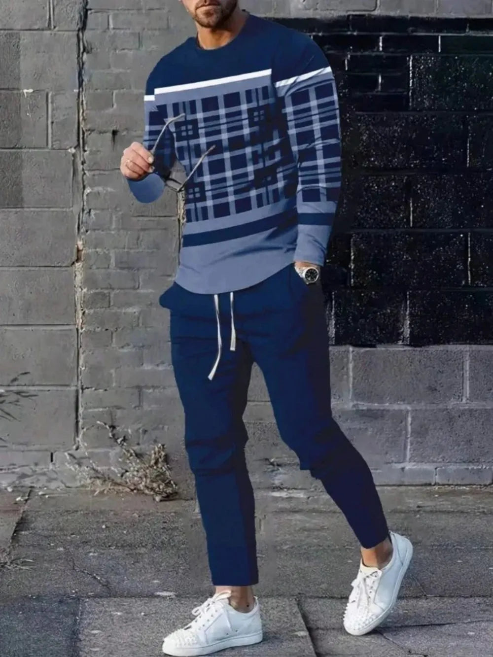 Men's Striped Patchwork Long Sleeve Top and Pants Two-Piece Set