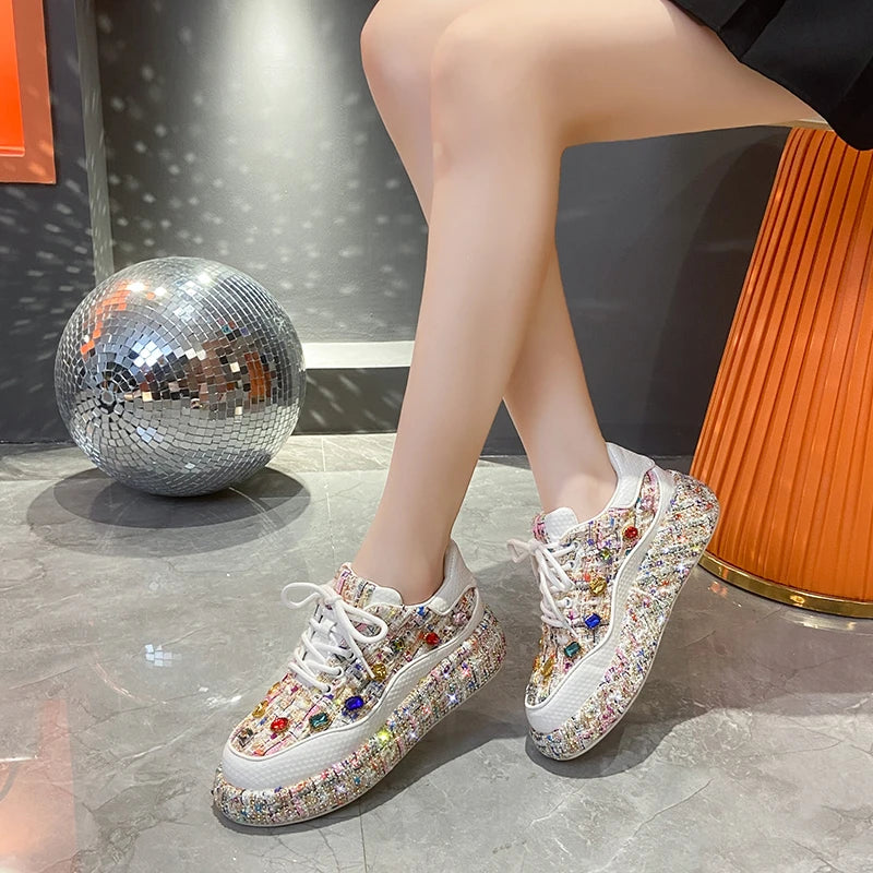 Women's Rhinestone Platform Lace-Up Sneakers