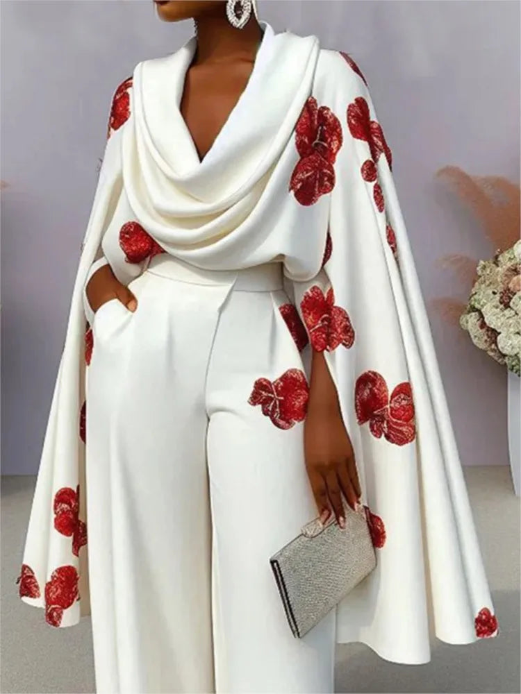 Women's Floral Print Cape Sleeve Pleated Top and Wide Leg Pants Two-Piece Set