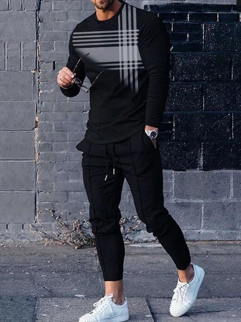 Men's Striped Patchwork Long Sleeve Top and Pants Two-Piece Set