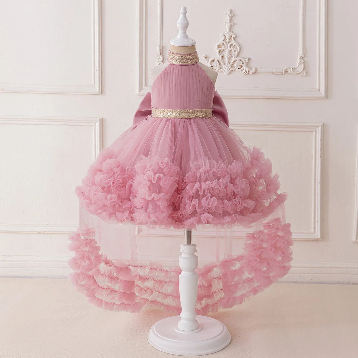 Girls' Sleeveless Princess Dress with Big Bow and Trailing Mesh