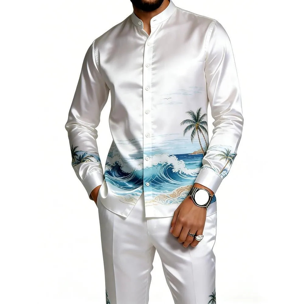 Men's Casual 3D Print Long Sleeve Shirt and Pants Set
