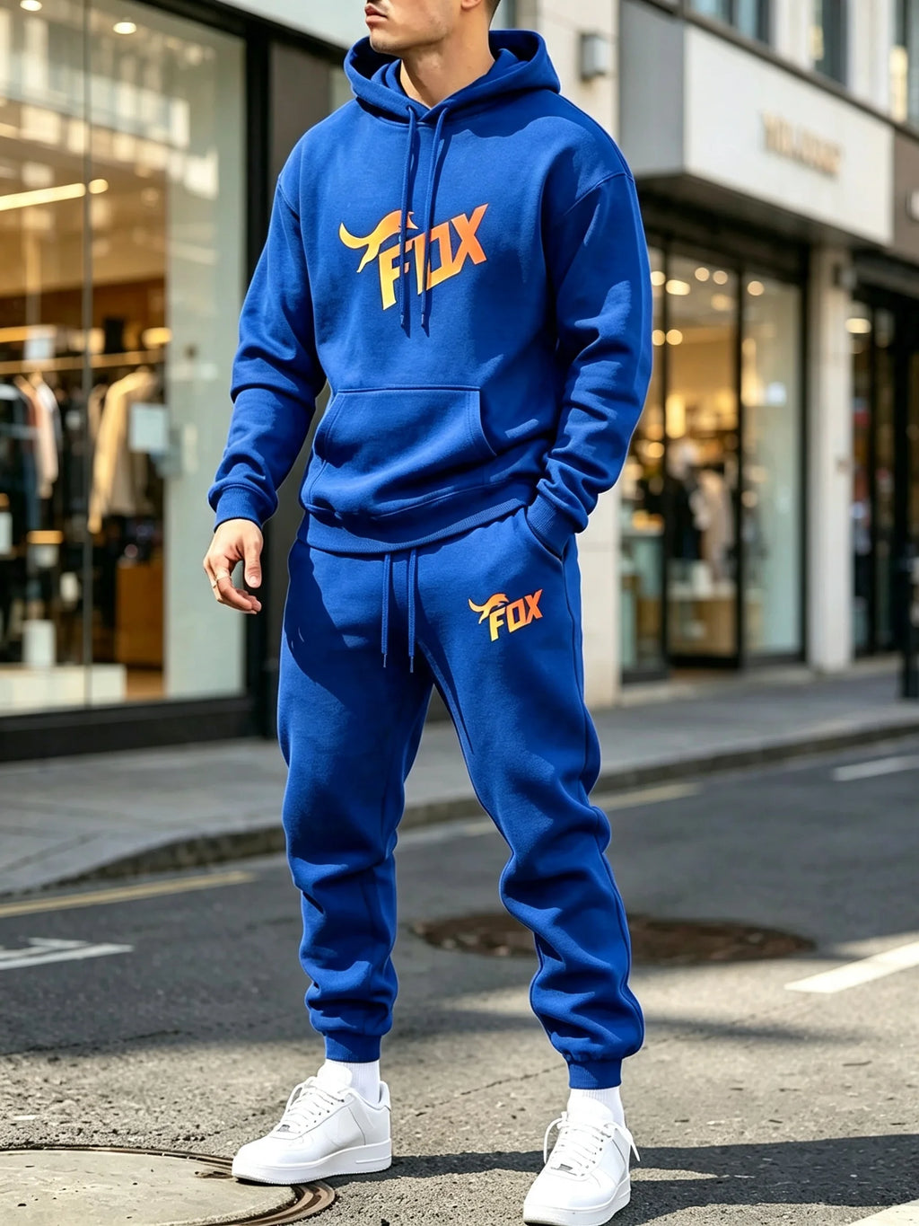 Men's Fox Print Hoodie and Sports Pants Two-Piece Set