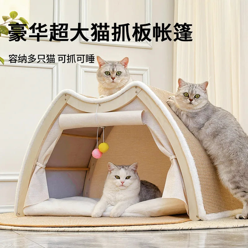 Solid Wood Enclosed Cat Villa Sisal Scratcher All Season