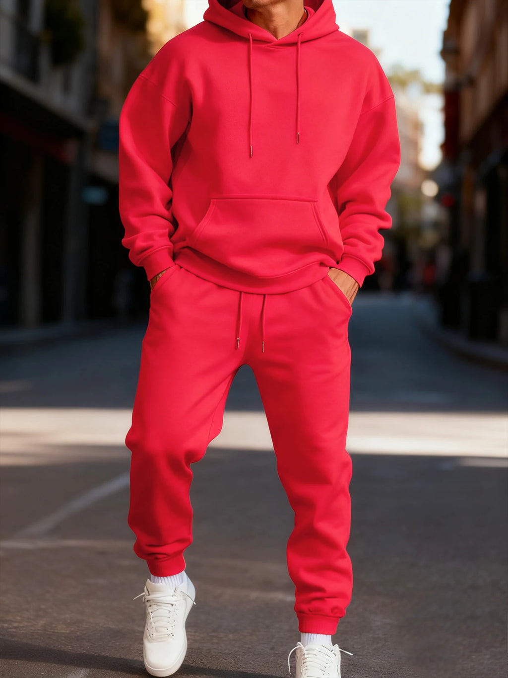 Men's Solid Color Pullover Hoodie and Sweatpants Two-Piece Set