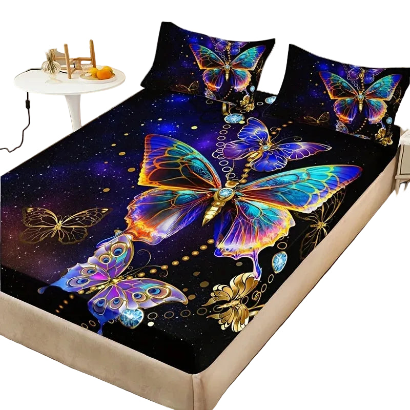 Butterfly Print Polyester Fitted Sheet Set