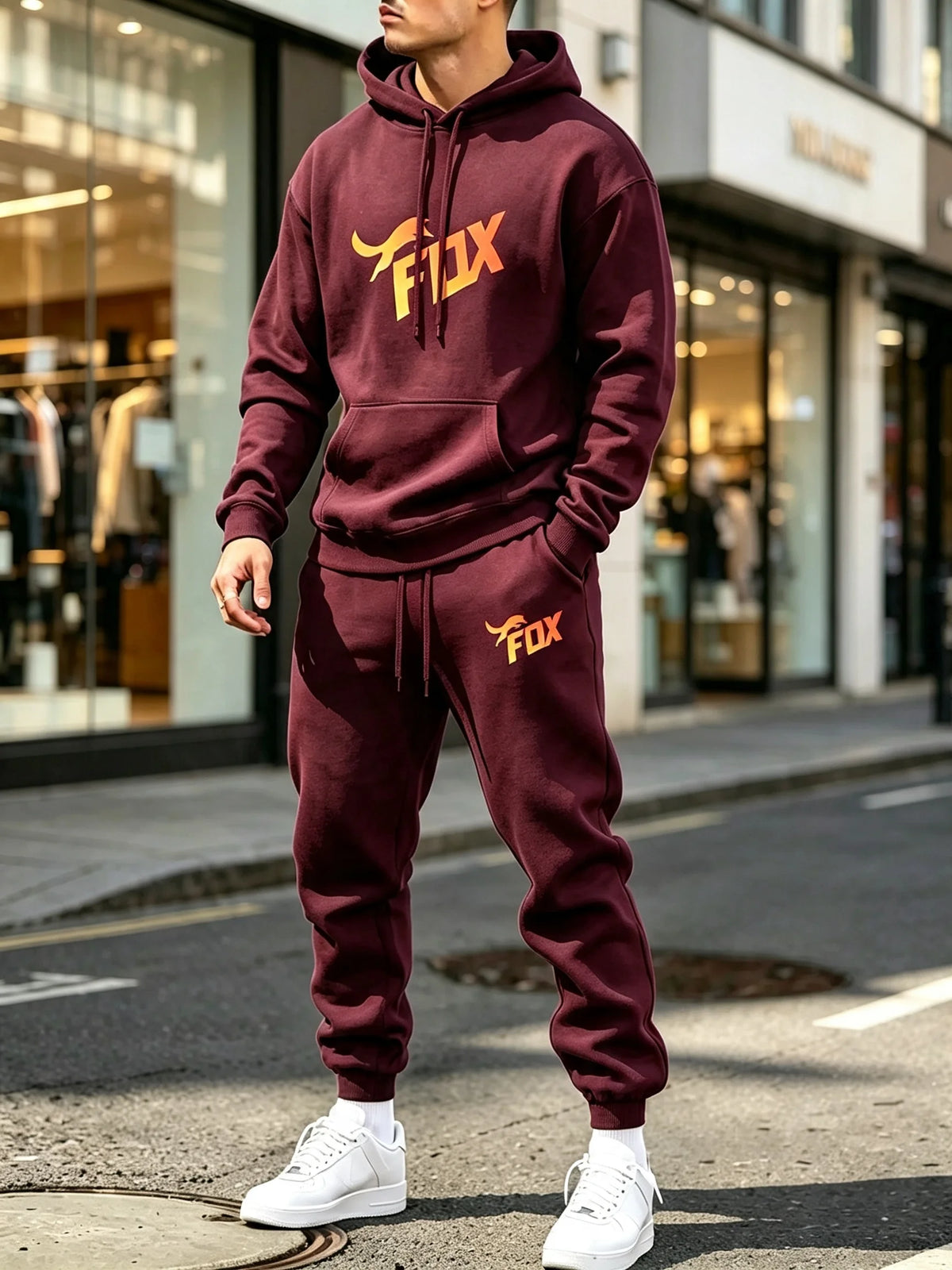 Men's Fox Print Hoodie and Sports Pants Two-Piece Set