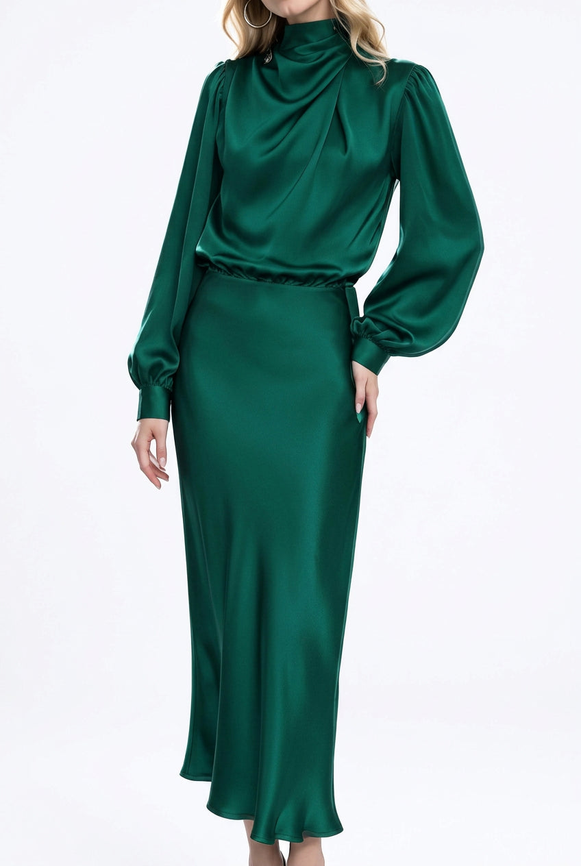 Women's Satin Turtleneck Lantern Sleeve Midi Dress