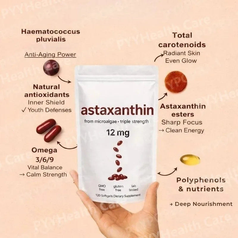 Astaxanthin 12mg Plant-Based Microalgae Dietary Supplement Softgels