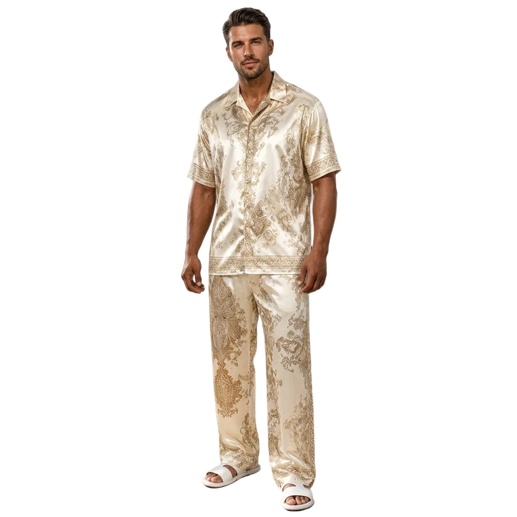 Men's Baroque Print Short Sleeve Shirt and Pants Two Piece Set