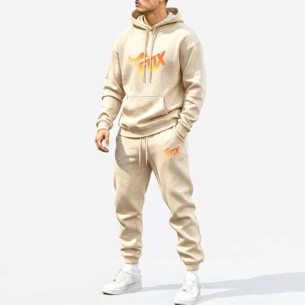 Men's Fox Print Hoodie and Sports Pants Two-Piece Set